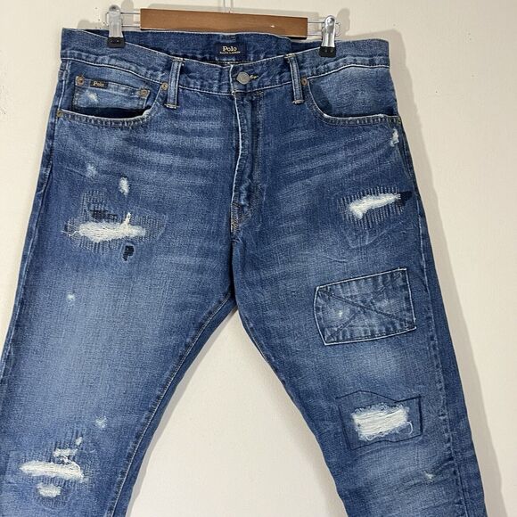 Polo Ralph Lauren Mens Jeans The Sullivan Slim Patchwork Blue Jeans Size 36 X 32 - Picture 2 of 6